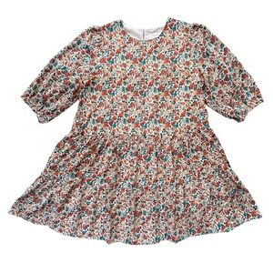 Pink Lily Women’s L Cream Orange Teal, Floral Balloon Sleeve Ruffle Bottom Dress